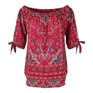 Stitch VERSE Fix Off Shoulder Red Teal Boho Top Tie Sleeve Border Hem L